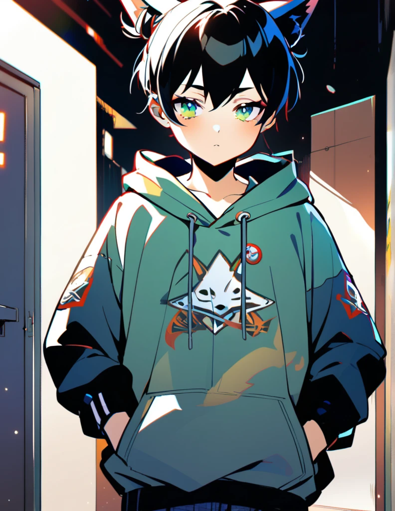 1Boy, black hair, green eyes, standing, fox ears, hair tied in a bun, standing, hoodie, teenager