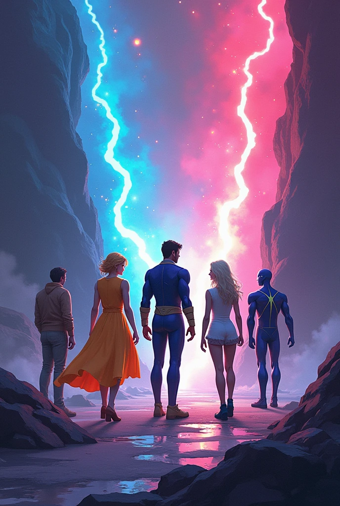 Image: The group enters the Land of the Halogens, where the environment is vibrant and filled with flickering lights, creating a sense of energy and excitement. Fluorine (F) and Chlorine (Cl) are depicted as restless, energetic beings, constantly moving and sparking with reactivity. Proton stands confidently, while Electron, in his sleek, speedster-like suit, is ready to interact with them. Neutron is present as well, appearing calm and composed, providing balance and stability amidst the energetic surroundings. The setting is dynamic, with bright, vivid colors that reflect the halogens' eagerness to react.