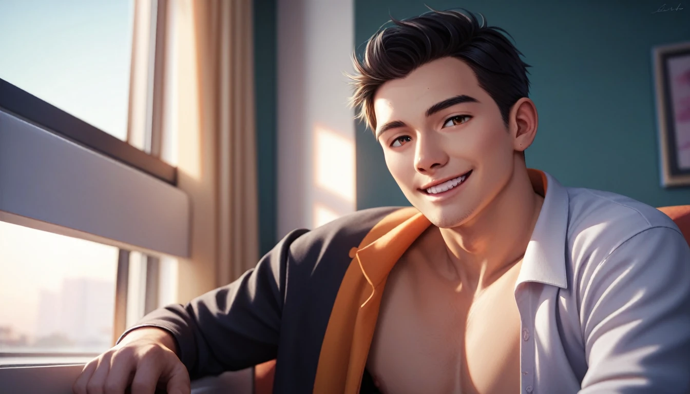 Anime style, intricate details, film structure, ultra-detailed, masterpiece, top quality, 8k, realistic, morning, stylish interior. Simple and modern. Handsome young man looking forward and smiling. Black hair.