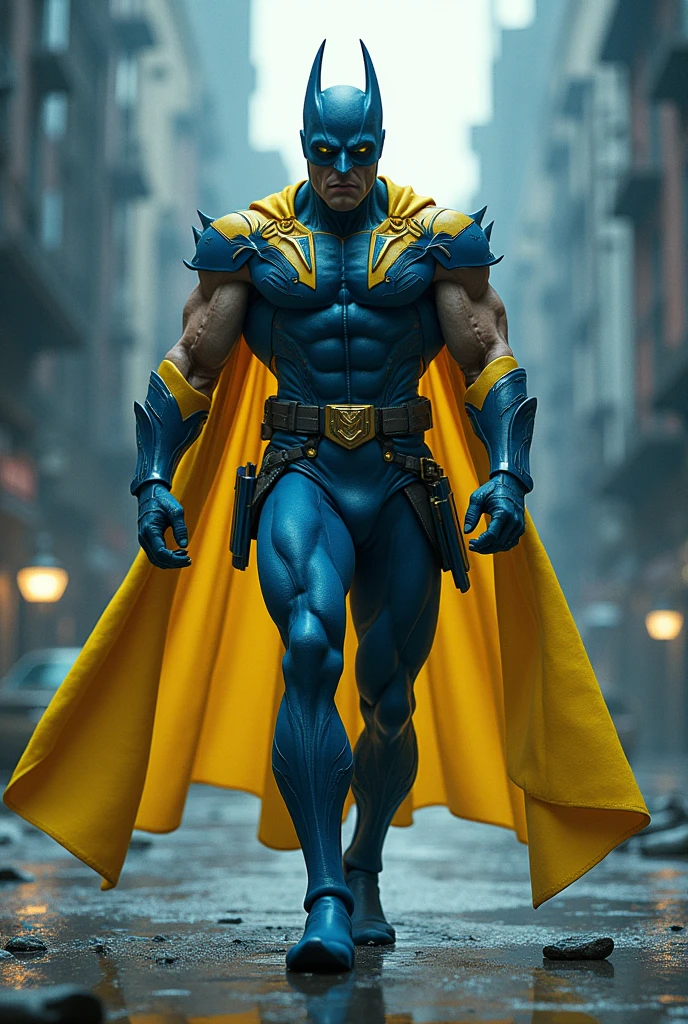 create a superhero movie character, he will be a villain called Crossó, with blue and yellow clothes