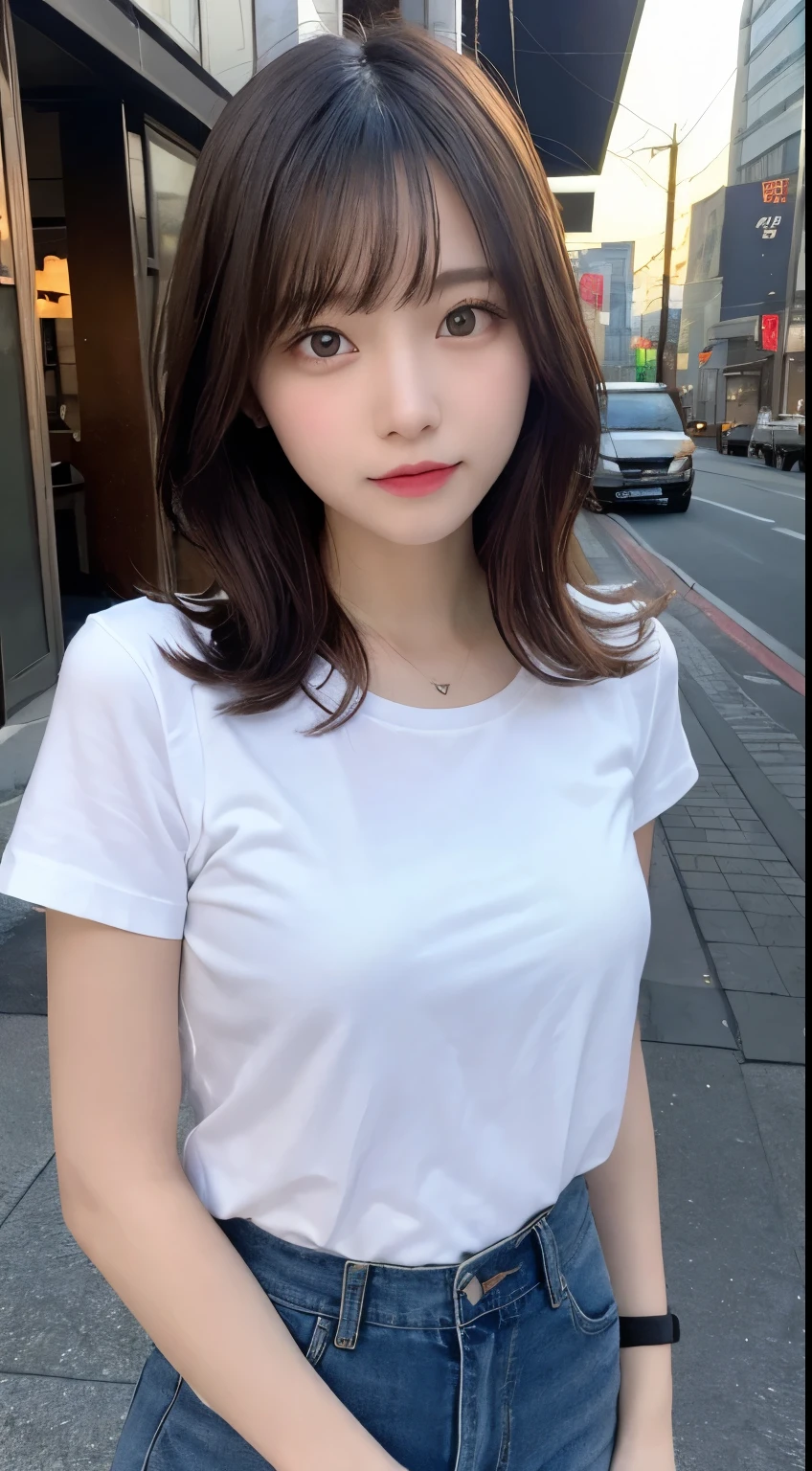 finely detail, hight resolution, hightquality、Perfect dynamic composition, Beautiful detailed eyes, Medium Hair, small tits、Natural Color Lip,Kamimei、Shibuya、20 years girl、1 persons、Transparent skin、Glowing hair、masutepiece, Best Quality, Ultra-detailed, finely detail, hight resolution, 8K、The correct state of the human body、crouching down、Gravure Model Pose,Beautiful sunset,In front of the café,beautiful ilumination,Photographed with hair fluttering in the wind,((White Y-shirt:1.5,Don't wear pants:1.5,))
