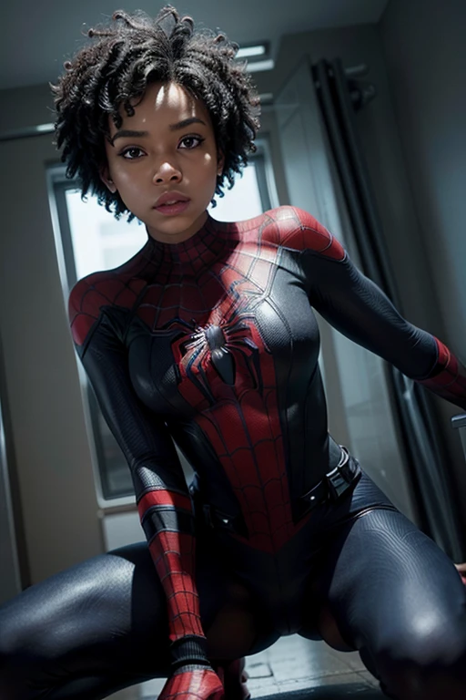 GENERATE AN IMAGE OF A BLACK WOMAN WITH SHORT CURLY HAIR DRESSED AS SPIDER-MAN MILES MORALES