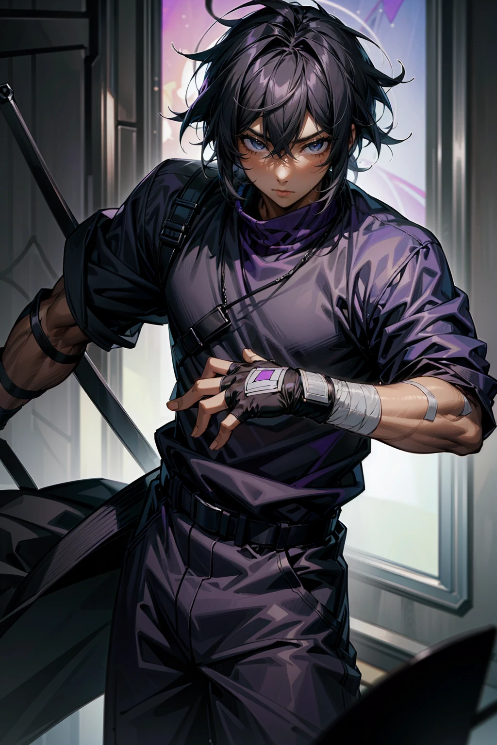 high quality, 1male, adult male, black eyes, black hair, medium length hair, darkskin, black bandages on arms, purple gloves, black and purple yukata, grey sweatshirt, serious