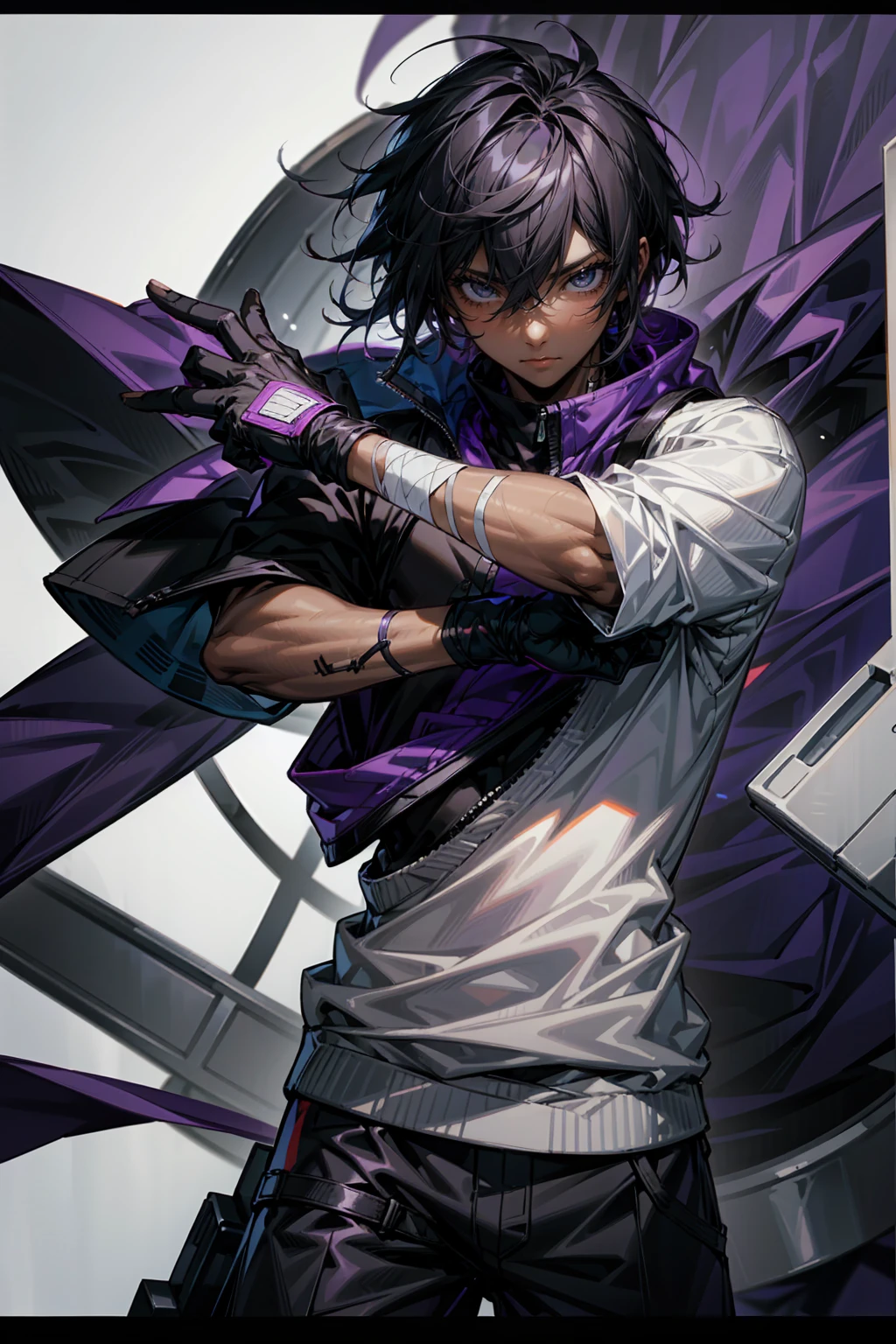 high quality, 1male, adult male, black eyes, black hair, medium length hair, darkskin, black bandages on arms, purple gloves, black and purple yukata, grey sweatshirt, serious