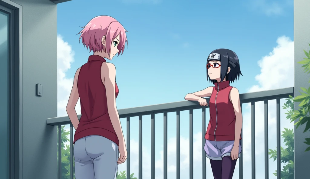female character sakura is approaching her daughter sarada who is standing on the balcony while looking at the sky. (Sakura is depicted as a character who has green irises, pink hair that is neck-length with bangs that are set aside, wearing a red outfit with a collar that covers the neck and that are sleveless, and also wearing long white pants, while Sarada is depicted as a character who has black irises, short hair that is neck-length with a side-parted hairstyle and bangs that are set aside, wearing red rectangular glasses, wearing a headband with the symbol of the village of konoha, wearing a red outfit with a collar that covers the neck and a zipper that is in the middle of her shirt from top to bottom and also sleeves that are sleveless, wearing short pants once above the knee in lilac color, with dark purple stockings to the knees, and wearing black ninja shoes) Sarada's height is as high as Sakura's ears