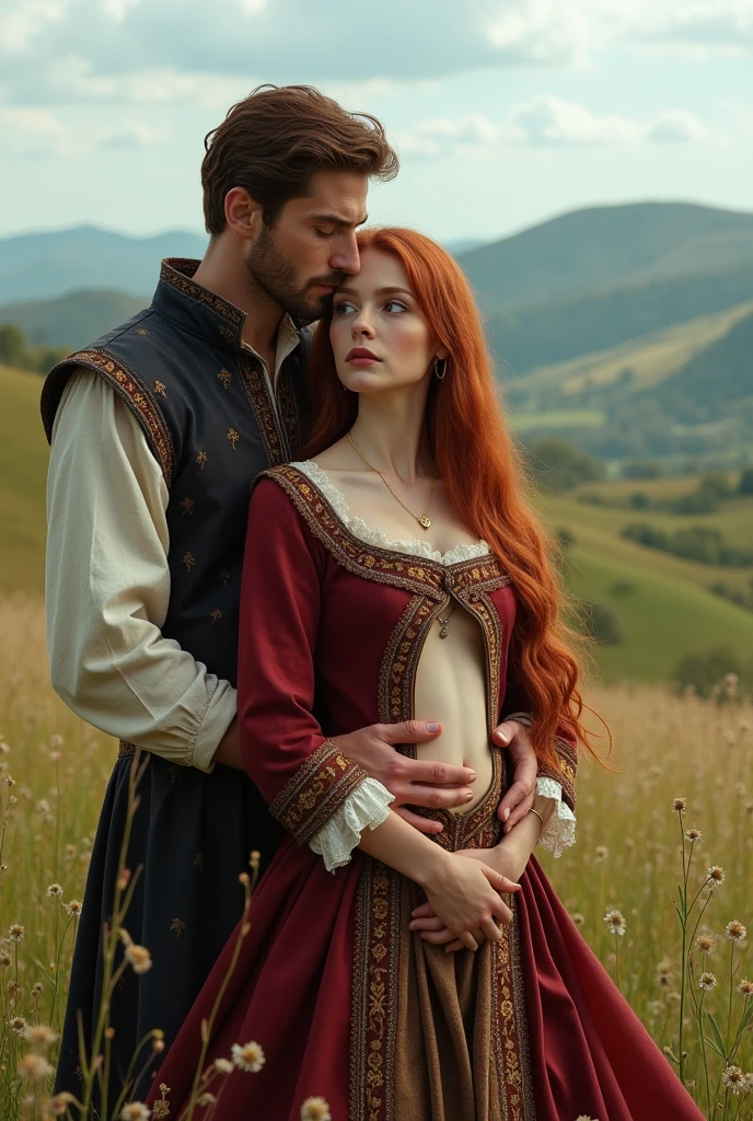 (photorealism:1.2), A woman in the Middle Ages, in the countryside, she is wearing a dress that has a window in the belly and have a belly piercing, her husband hugs her