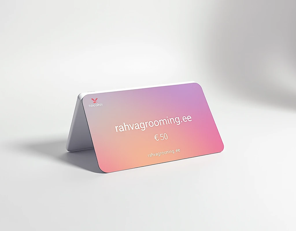 a high quality photograph, a grooming salon gift card lying on a white table, top view, plastic card with bright design and text: "Rahvagrooming.ee", "€50". detailed, photorealistic, 8k, high resolution, professional studio lighting, vibrant colors, smooth textures, sharp focus, intricate details, elegant design, minimalist style, soft shadows, natural reflections, clean and organized composition