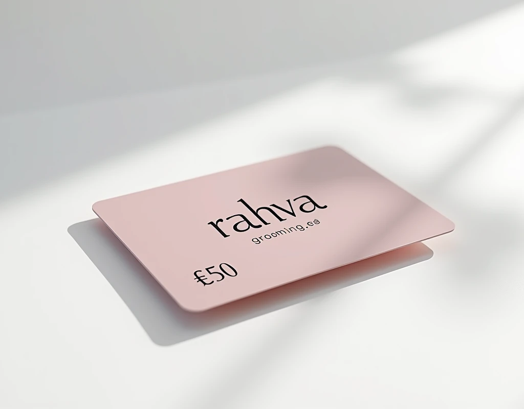 a high quality photograph, a grooming salon gift card lying on a white table, top view, plastic card with bright design and text: "Rahvagrooming.ee", "€50". detailed, photorealistic, 8k, high resolution, professional studio lighting, vibrant colors, smooth textures, sharp focus, intricate details, elegant design, minimalist style, soft shadows, natural reflections, clean and organized composition