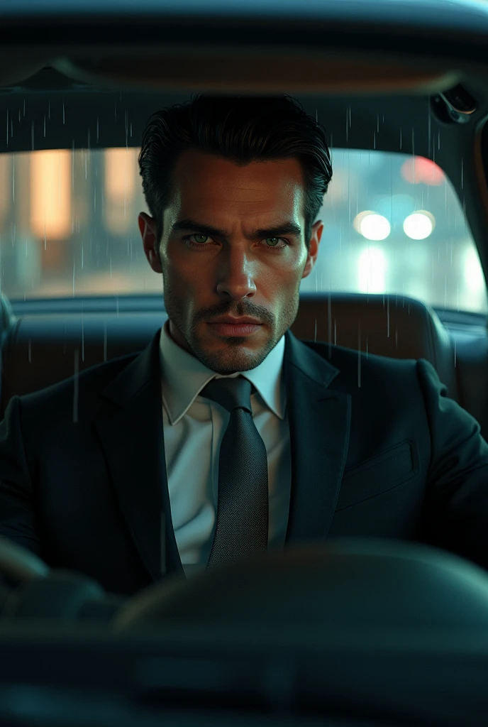 Homme, cheveux noirs, yeux verts, Beau visage en costume noir, cravate grise , fond de pièce ville pluvieuse , Assis sur sa voiture , regarde droit devant lui, visage de face ,