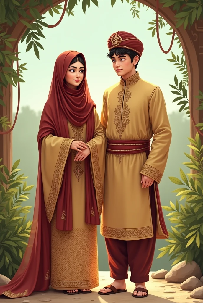 muslim Bride in light golden sharee with maroon hijab and maroon veil, minimal jwellery. No skin other than face and hair will be visible. her groom in golden kurta -pant. over the kurta, he will wear a maroon waist coat. he won't have any hat . He wil be clean shaved. In broad day light, natural place.