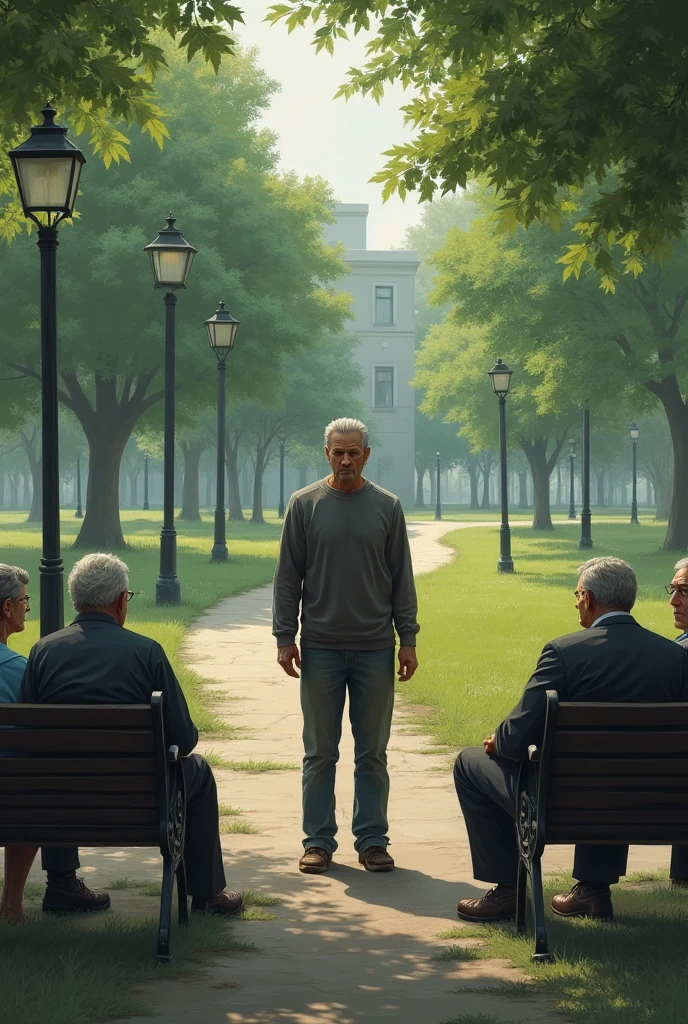 A failed man talking to old people in a park