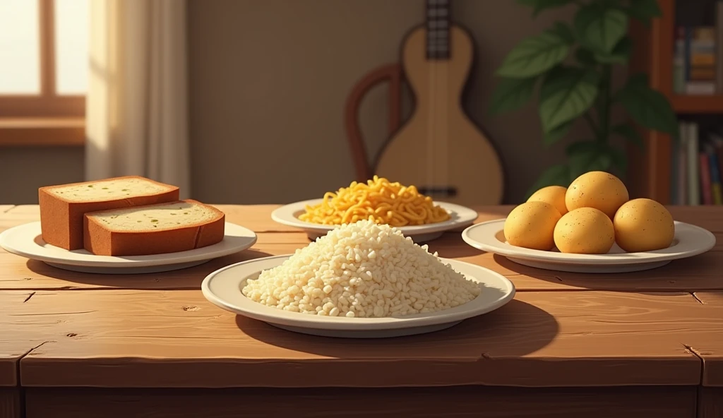 bread noodles rice and potatoes separated in different plates on a homely wooden table