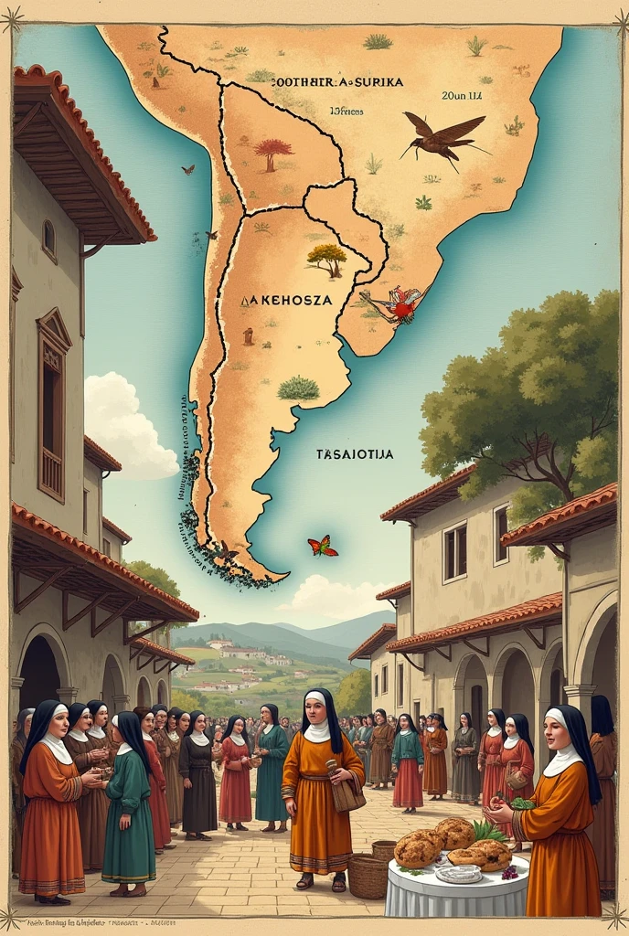 A map of the Southern Cone showing the regions of Mendoza and Chile, highlighting the cultural connection through products A historical illustration depicting the colonial era in South America, with elements such as Spanish colonizers and scenes of daily life in convents and An illustration or photograph showing nuns in a convent preparing traditional sweets, next to an indigenous market where these products are sold.