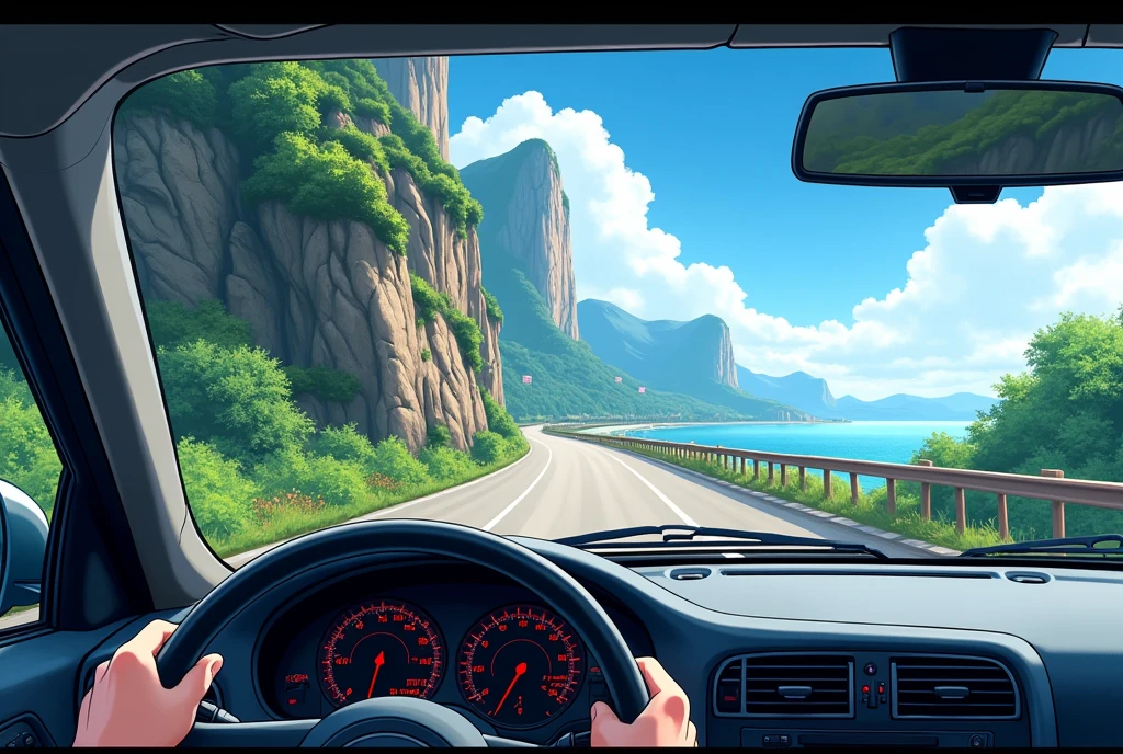 Interior of a car, a road with a cliff on the left side as seen through the windshield, in anime style