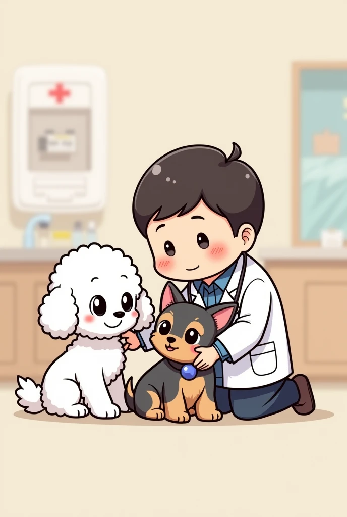 Make a chibi-style drawing of a male veterinarian and two female dogs, being a white poodle with black eyes and a YORKSHIRE with erect ears, gray hair, black and brown.