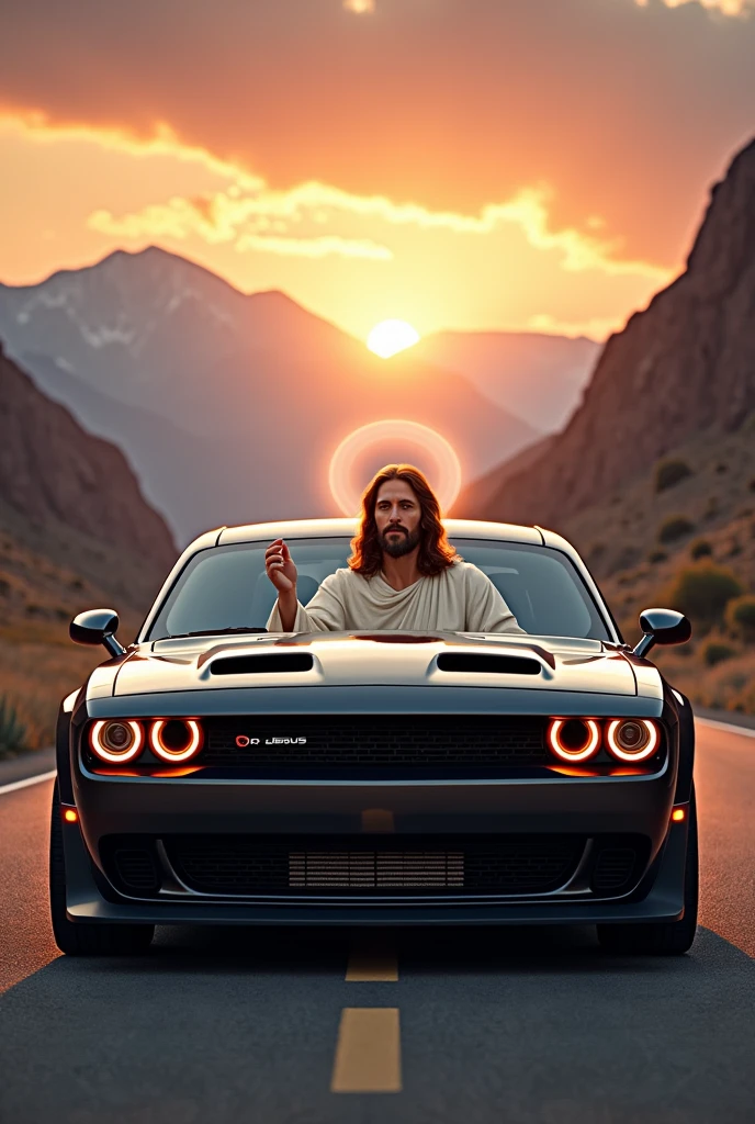 Jesus manejando un Dodge Challenger 