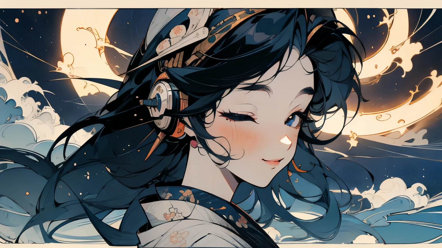 A white rabbit, ((headphones)), ((background: night, starry sky)), ((ukiyo-e style)), ((smile)), ((1 girl)),