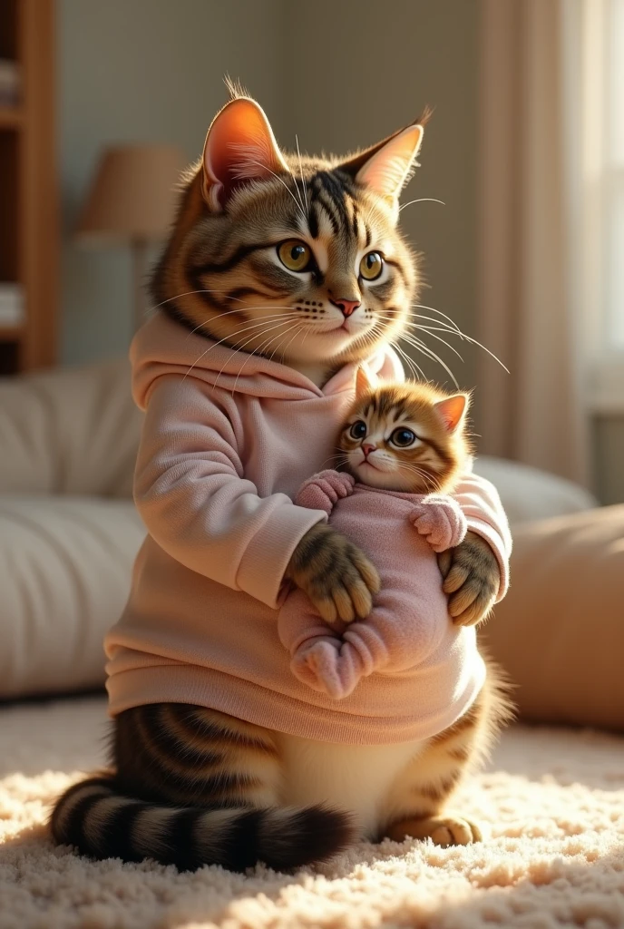 Create a video of a cat wearing maternity clothes holding her kitten who is wearing baby clothes like humans do, realistic, real, high resolution details, full picture like real