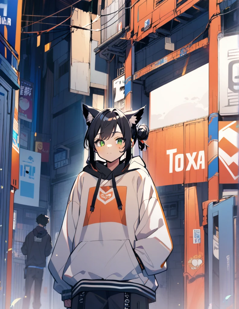 1Boy, black hair, green eyes, standing, fox ears, hair tied in a bun, standing, hoodie, teenager