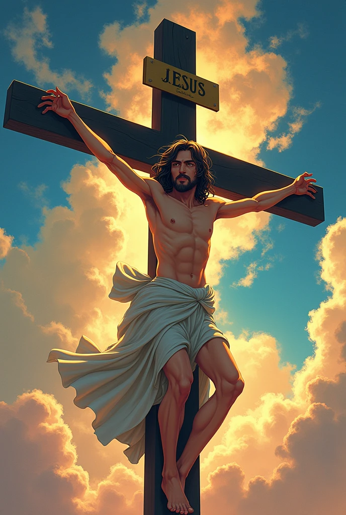Jesus Christ in Japanese animation style on the cross
