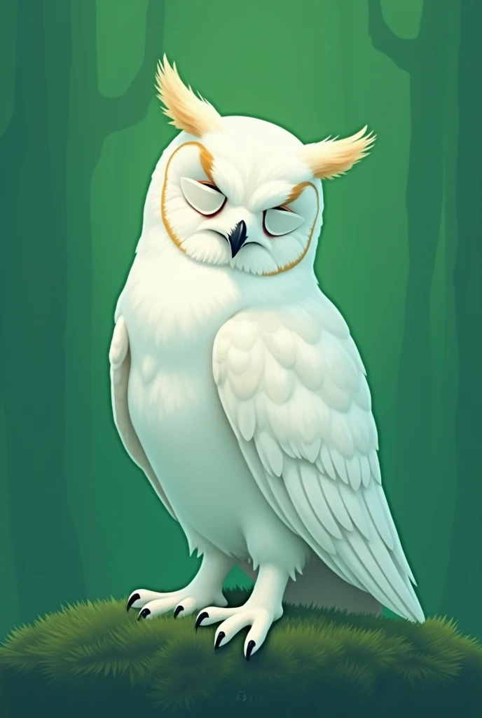 white owl with white blindfold, green background logo 2d style