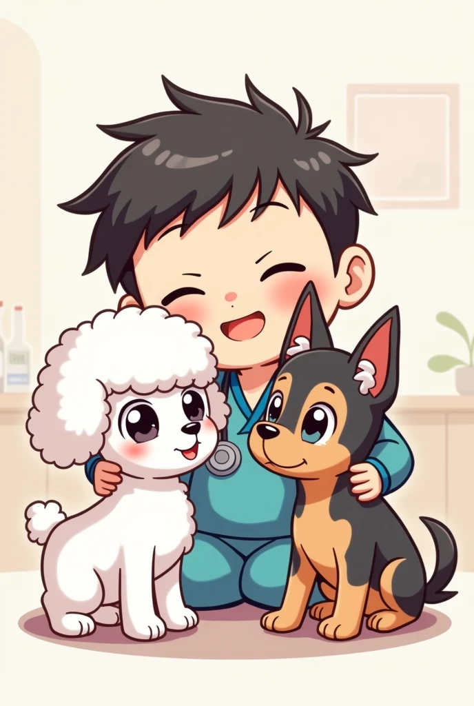 Make a chibi-style drawing of a male veterinarian and two female dogs, being a white poodle with black eyes and a YORKSHIRE with erect ears, gray hair, black and brown.