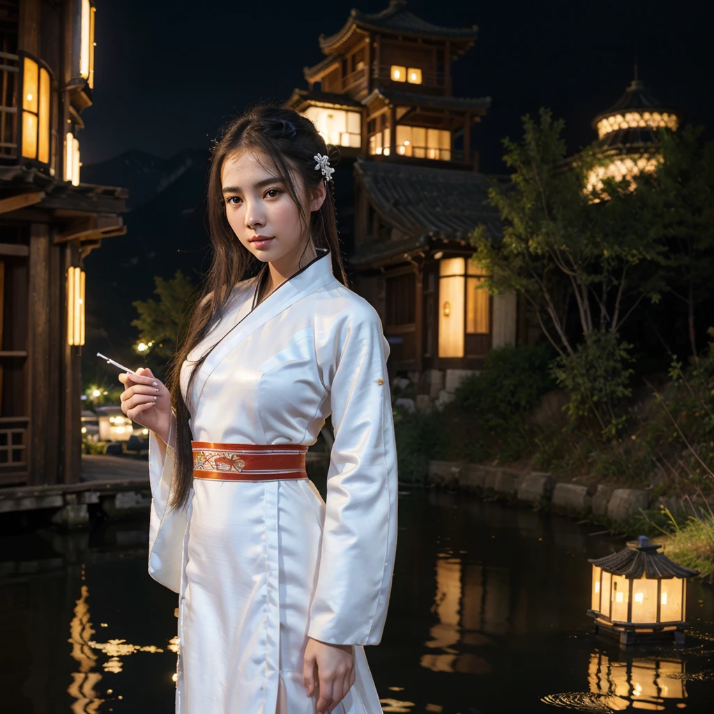 Best quality, Masterpiece, High accuracy,, 1girl, Detailed face,, Cyber Cities, Mountains and rivers, a night, Firefly Lights, real, Rich in details, (White Hanfu:1.2), (Beautiful body:1.4),