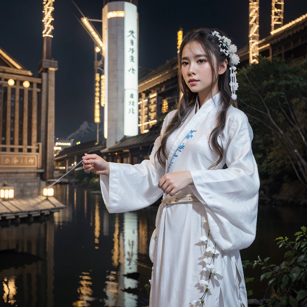Best quality, Masterpiece, High accuracy,, 1girl, Detailed face,, Cyber Cities, Mountains and rivers, a night, Firefly Lights, real, Rich in details, (White Hanfu:1.2), (Beautiful body:1.4),