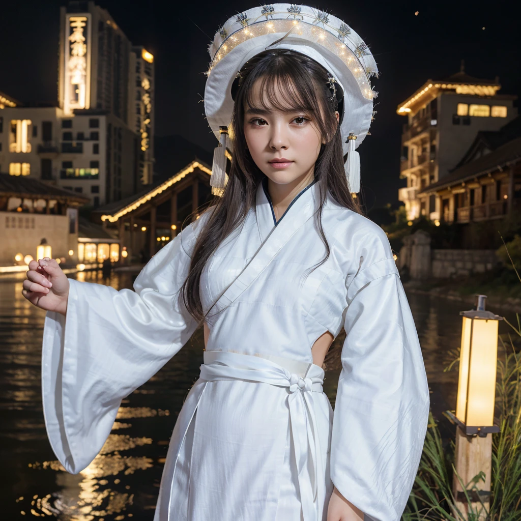 Best quality, Masterpiece, High accuracy,, 1girl, Detailed face,, Cyber Cities, Mountains and rivers, a night, Firefly Lights, real, Rich in details, (White Hanfu:1.2), (Beautiful body:1.4),