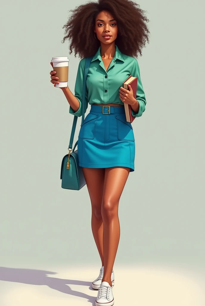 with very curly dark brown hair,with a green aqua uniform and a very blue mini skirt with white sneakers and holding a book and a coffee and that she is brown