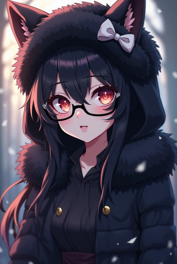 a female character,black fur largo,pale skin,black shirt,black fur,black furry hat,black glasses with a white bow,anime style