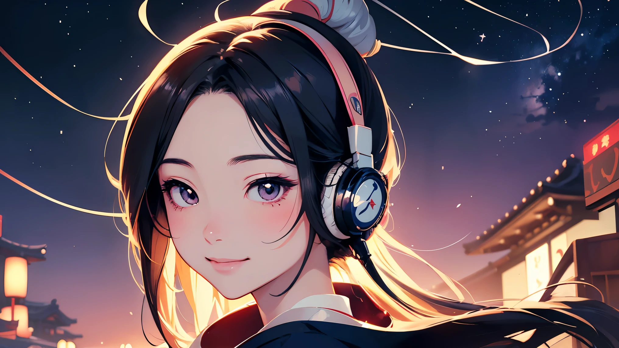 Japanese cartoons, Japanese cartoons girl, beautiful, Very detailed, Perfect face, high resolution, Highly Delicate face and hair, Japanese cartoons, beautiful, Optimal resolution, Perfect face and body, Intricate details, Delicate face, ((headphones)), ((background: night, starry sky)), ((ukiyo-e style)), ((smile)), ((1 girl)),