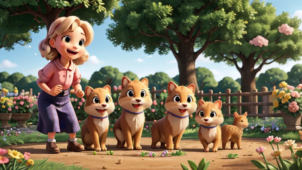 A joyful scene with Rosie and her animal friends playing together in the newly created beautiful garden. They’re laughing and having fun amidst the flowers and trees."