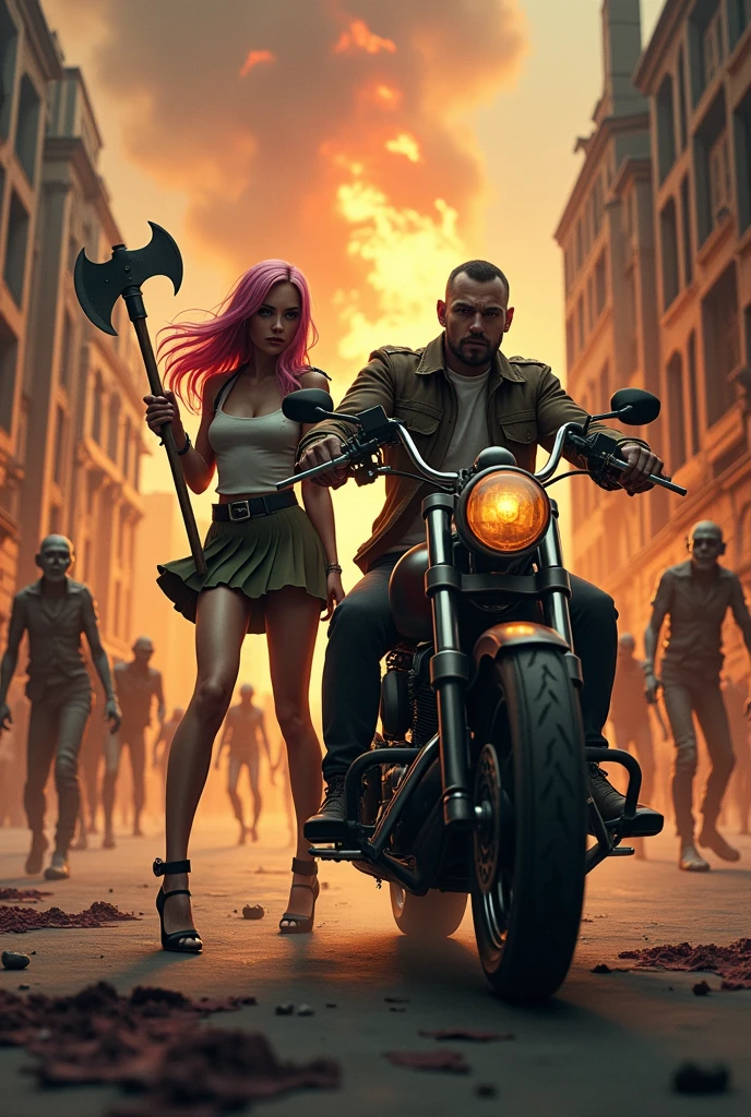 A beardless man on a motorcycle next to a girl with pink hair on high heels in a military uniform with an axe in her hands against the background of a burning building and zombies in a steampunk style