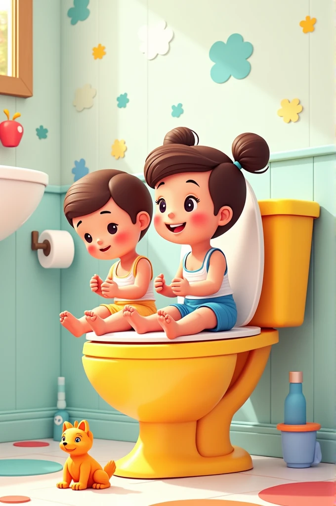 Little kids sitting on toilet bowl, potty training, drawn in toons style