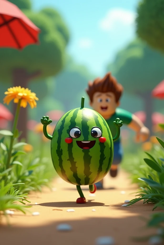 Create a small person made of watermelon running from a person who wants to eat it, with the non ROBLOX behind