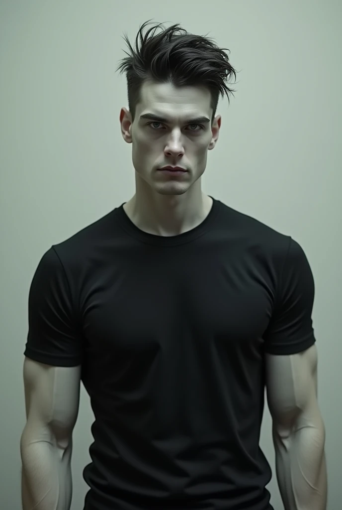 Create a pale man, serious, intimidating, attractive, imposing. long face, marked cheekbones, marked jaw. Athletic build with broad shoulders and back. Messy Dark Hair. black shirt (that looks realistic and pale)