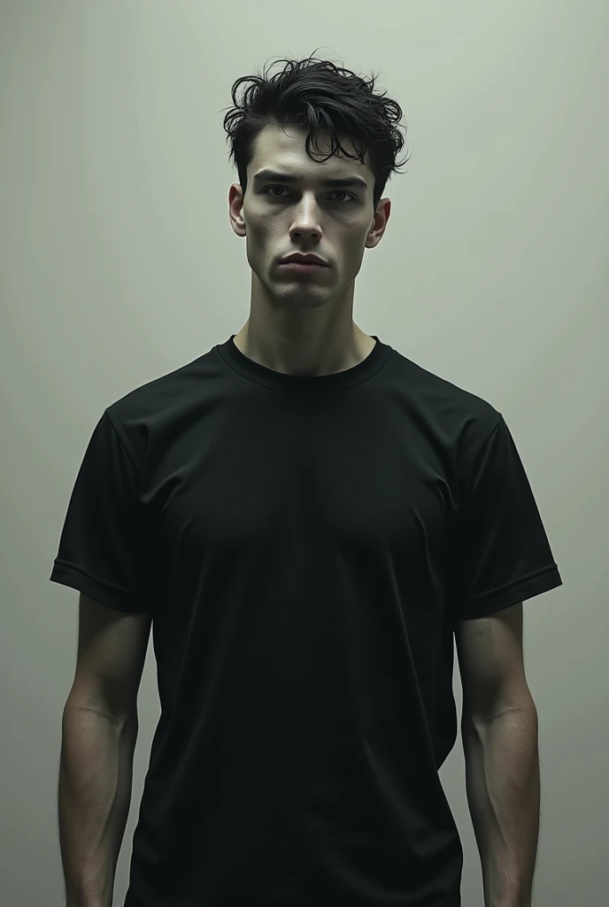 Create a pale man, serious, intimidating, attractive, imposing. long face, marked cheekbones, marked jaw. Athletic build with broad shoulders and back. Messy Dark Hair. black shirt (that looks realistic and pale)