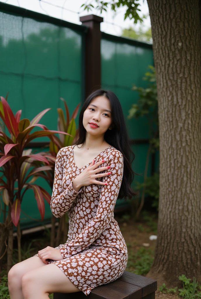 portrait-style photograph featuring a young woman seated on a wooden bench. The layout is vertical, with the subject positioned slightly to the right of the center. She has long, dark hair cascading over her shoulders and is wearing a fitted, long-sleeved dress with a brown and white floral pattern. Her skin is light, and she has a calm expression with her right hand placed gently on her chest. In the background, there is a tree trunk to her right, and a fence with barbed wire and green tarpaulin behind it. There are also some plants with red and green leaves near the fence, adding a touch of nature to the scene.