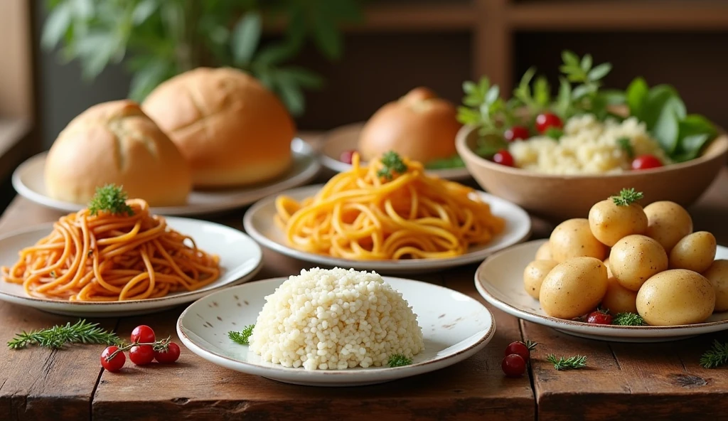 bread noodles rice and potatoes separated in different plates on a homely wooden table served elegantly and with warm colors