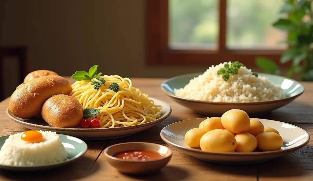 bread noodles rice and potatoes separated in different plates on a homely wooden table served elegantly and with warm colors