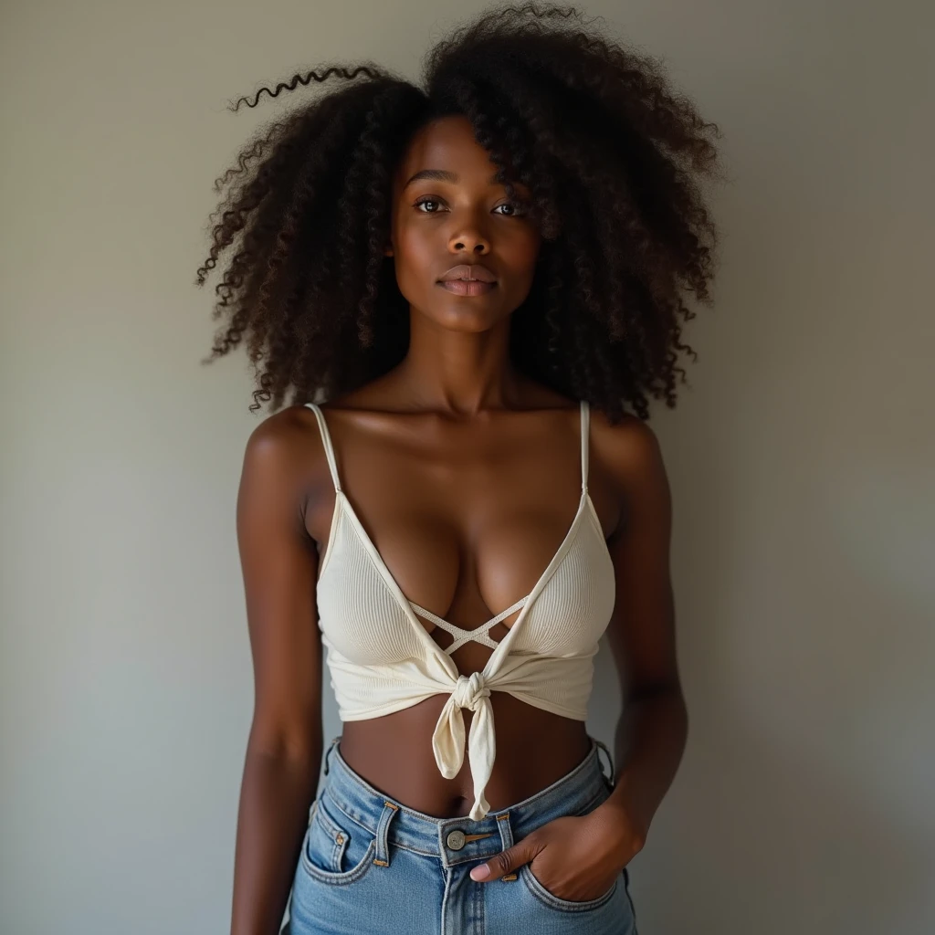 Young ebony lady, slim with gigantic boobs, casual clothes, no makeup, all natural