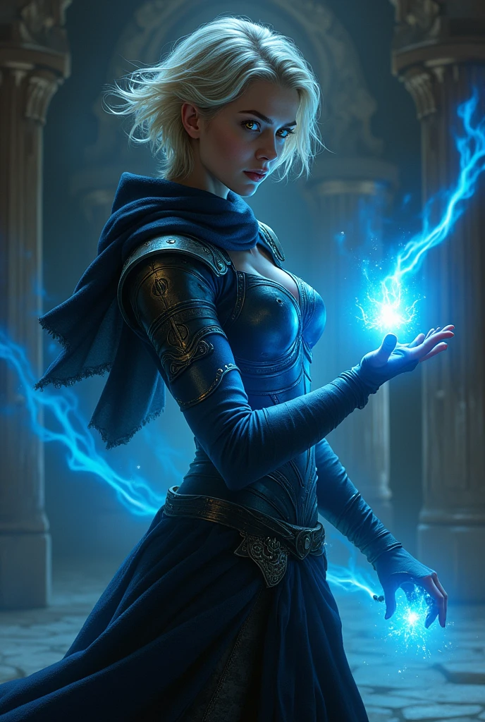 2 warrior Arabia girl with short open dark blonde hair and golden and luminous eyes, with long luminous blue strings stretching out from her fingers and black dark full armor and looking to the right and stay in dark room