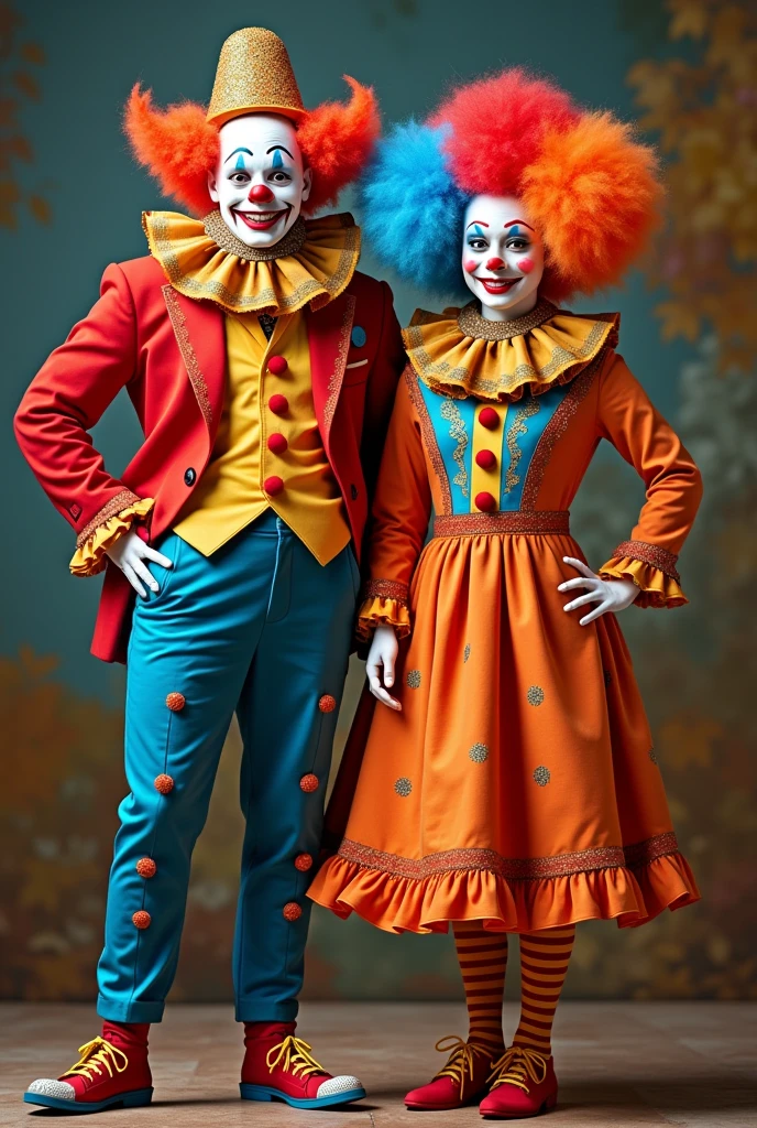 Chat create an image of 2 costumes of a clown couple in red colors, cerulean, yellow and orange.
The costume designer must be very circus-like, with ruffles, stones, balls, ribbons and glitter. The costume must include a very creative wig, hat, link, booties, sock and etc..
The costume will be made for a live character company for parties.