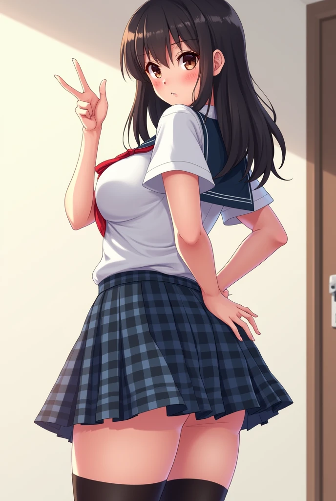 The Japanese girl's breast has a G cup, and the size is 38. She is wearing a school uniform, cross bot, and standing to the front, bending her back and crossing her two fingers.