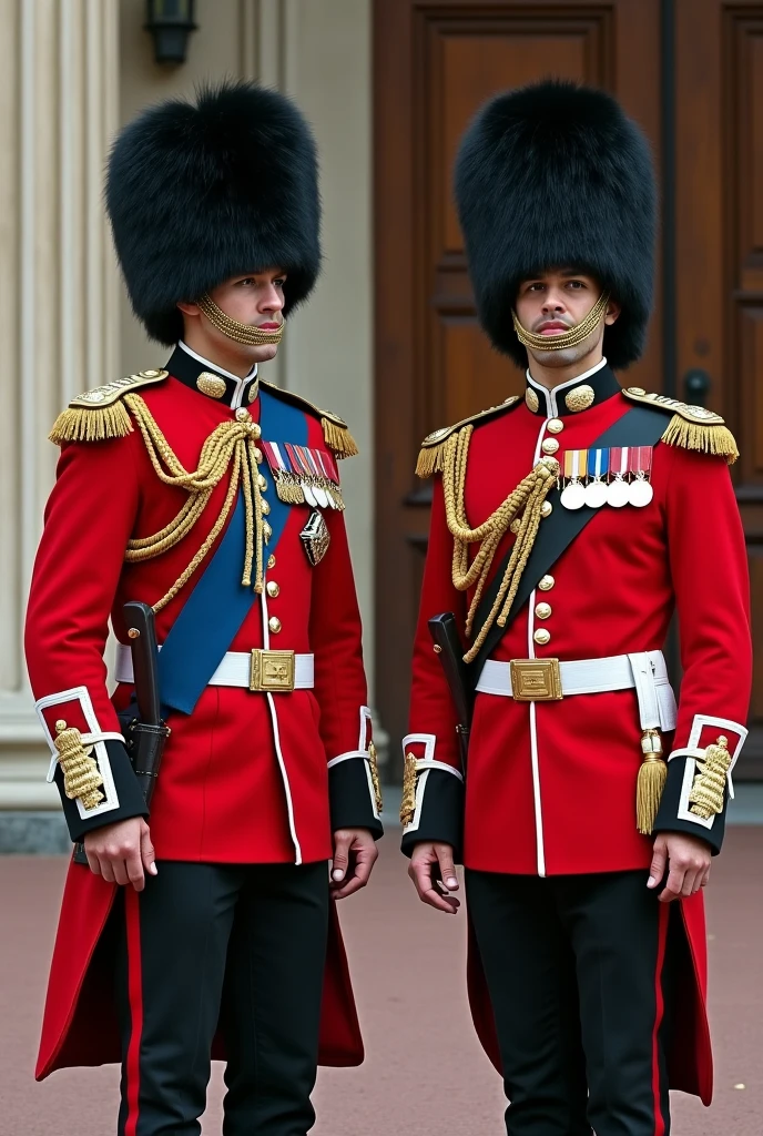 Create a realistic image with two royal palace guards in the year 1787