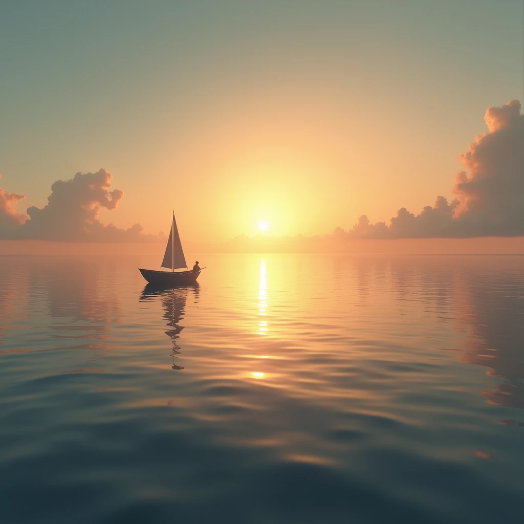 Visualize a peaceful, open ocean at sunset, with a solitary boat drifting on calm waters. The reflection of the setting sun on the water forms an image of Jesus, unseen but believed, guiding the faithful through unseen paths.