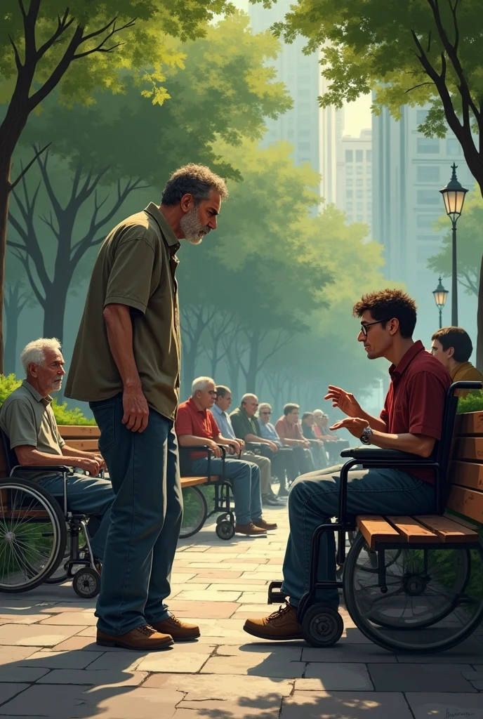 A failed man talking to cripples in a park 