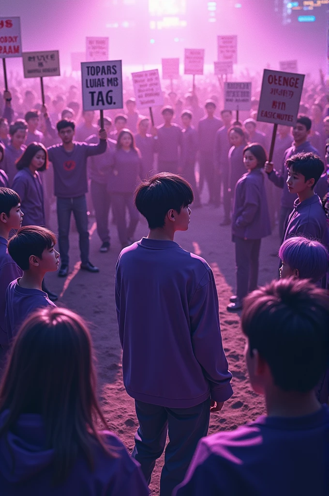 BTS&#39;s Min Yoongi in the middle of fans who are holding hands forming a circle, fans are dressed in purple hues and supporting the BTS member, and they have signs and posters saying #BTS is 7 e #WeLoveYouMinYoongi. realistic styling 