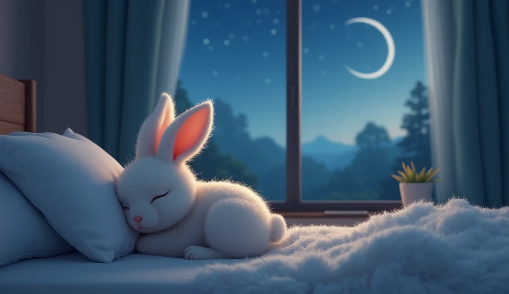 Bunny sleeping on the bed beside there is night view